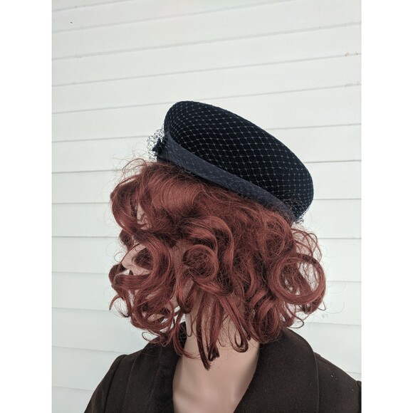 Deep Blue Velvet Hat Vintage Midcentury 50s 60s Breton with Veil - Picture 9 of 10